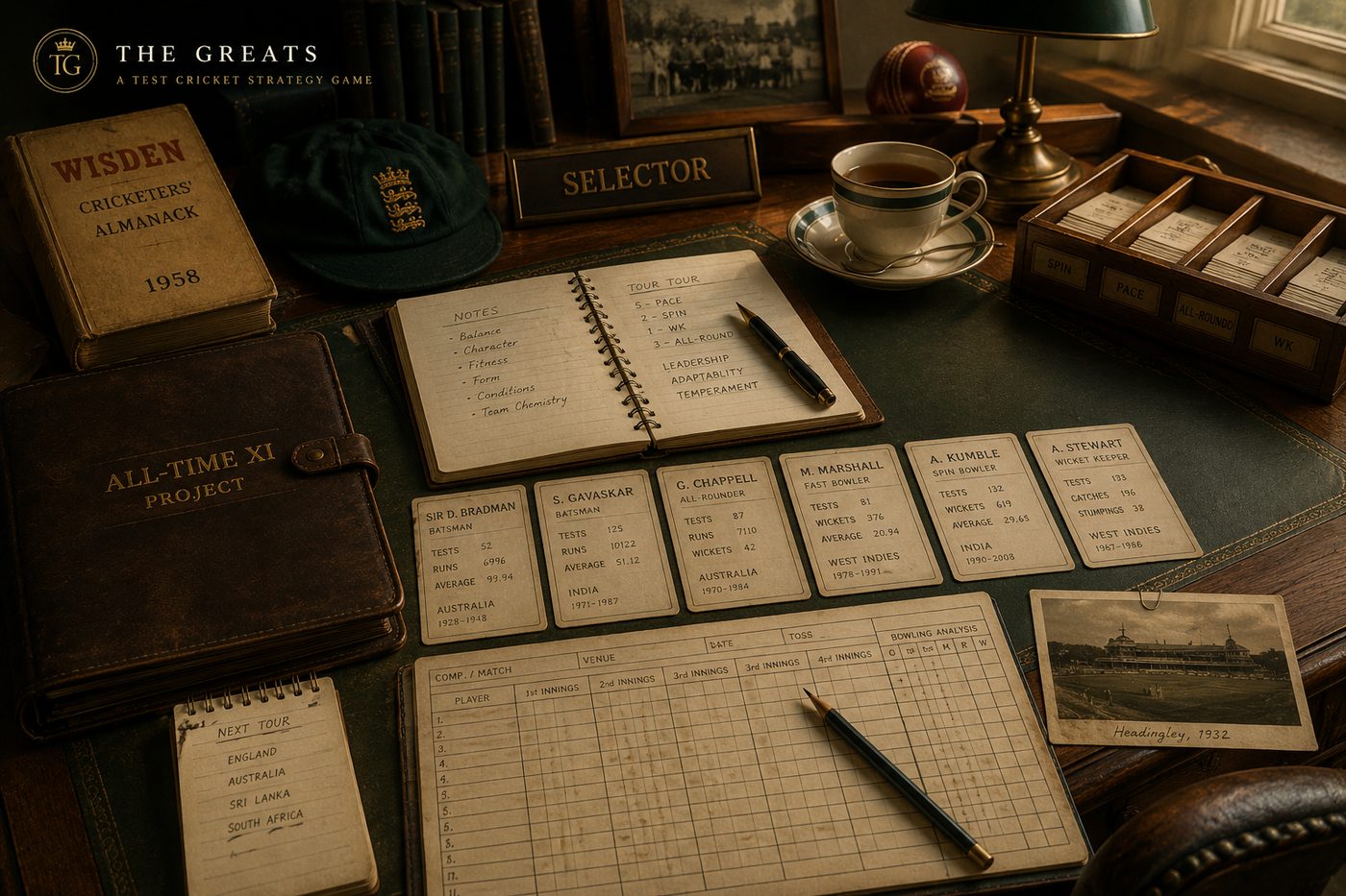 A selector's desk covered in handwritten player notes, stat cards, and a lineup sheet — the tools of team selection.