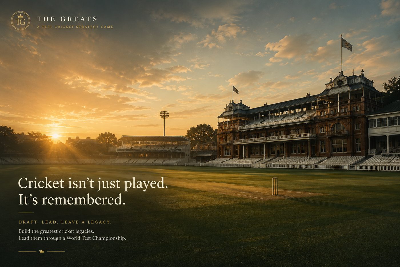 Lord's Cricket Ground at dawn, the pavilion lit by early sunlight, a single wicket set on an empty pitch.