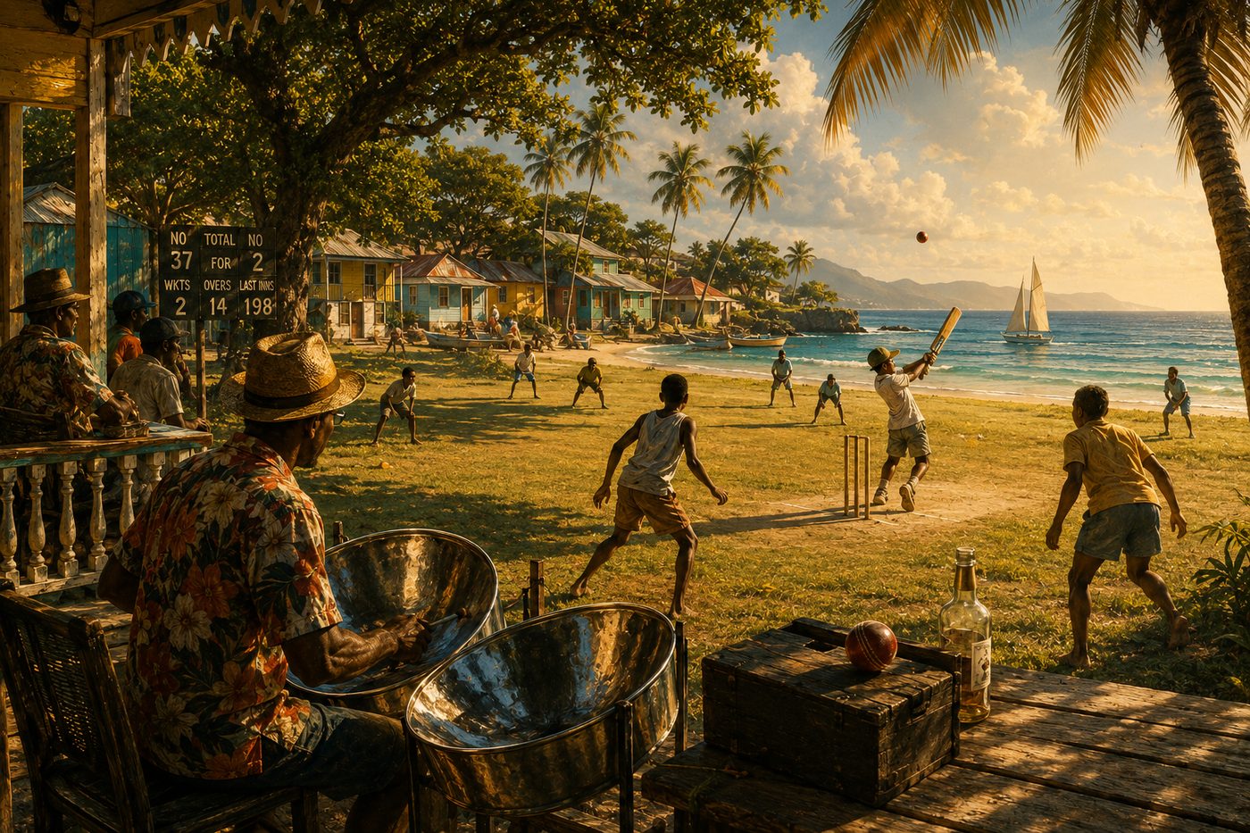 A steel drum player performing at the edge of a beach cricket match in the Caribbean.