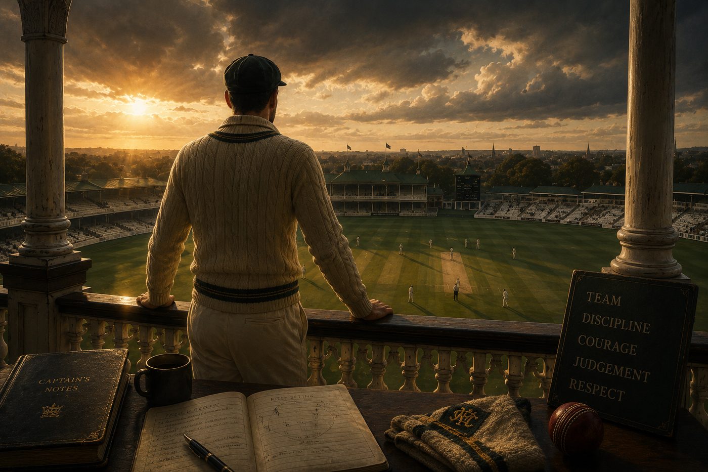 A Test captain standing alone on the pavilion balcony at dusk, looking out over an empty ground.