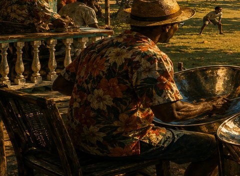 A steel drum player at the edge of a beach cricket match.