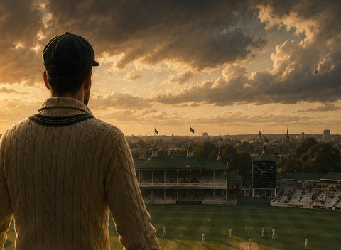A captain looking out over a Test ground at sunset, notebook open on the balcony rail.