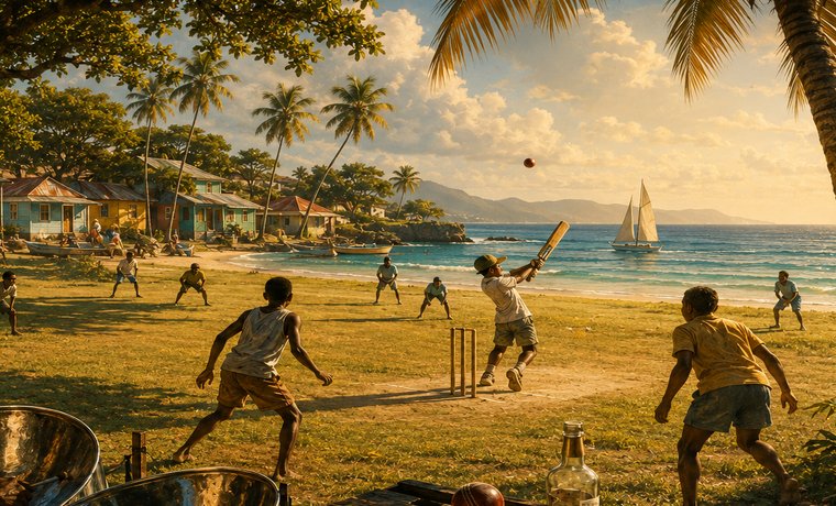 A steel drum player at the edge of a beach cricket match.
